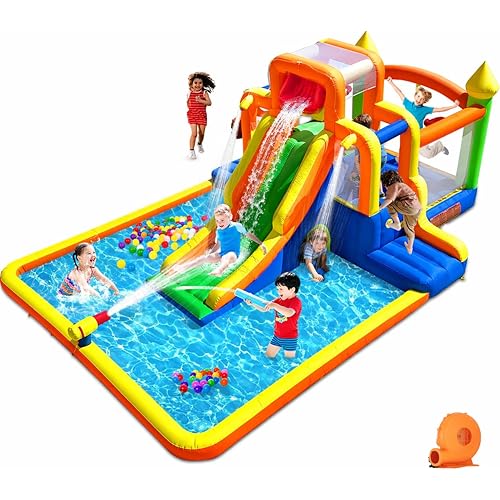 Umbalir 19x13FT Water Slide Bounce House with 3 Climbing Walls, Jumbo Pool, Water Park with 99" Long Slide & Back Trampoline, 2 Overhead Sprinklers & Water Cannon, Multi-Kid Racing Bounce House