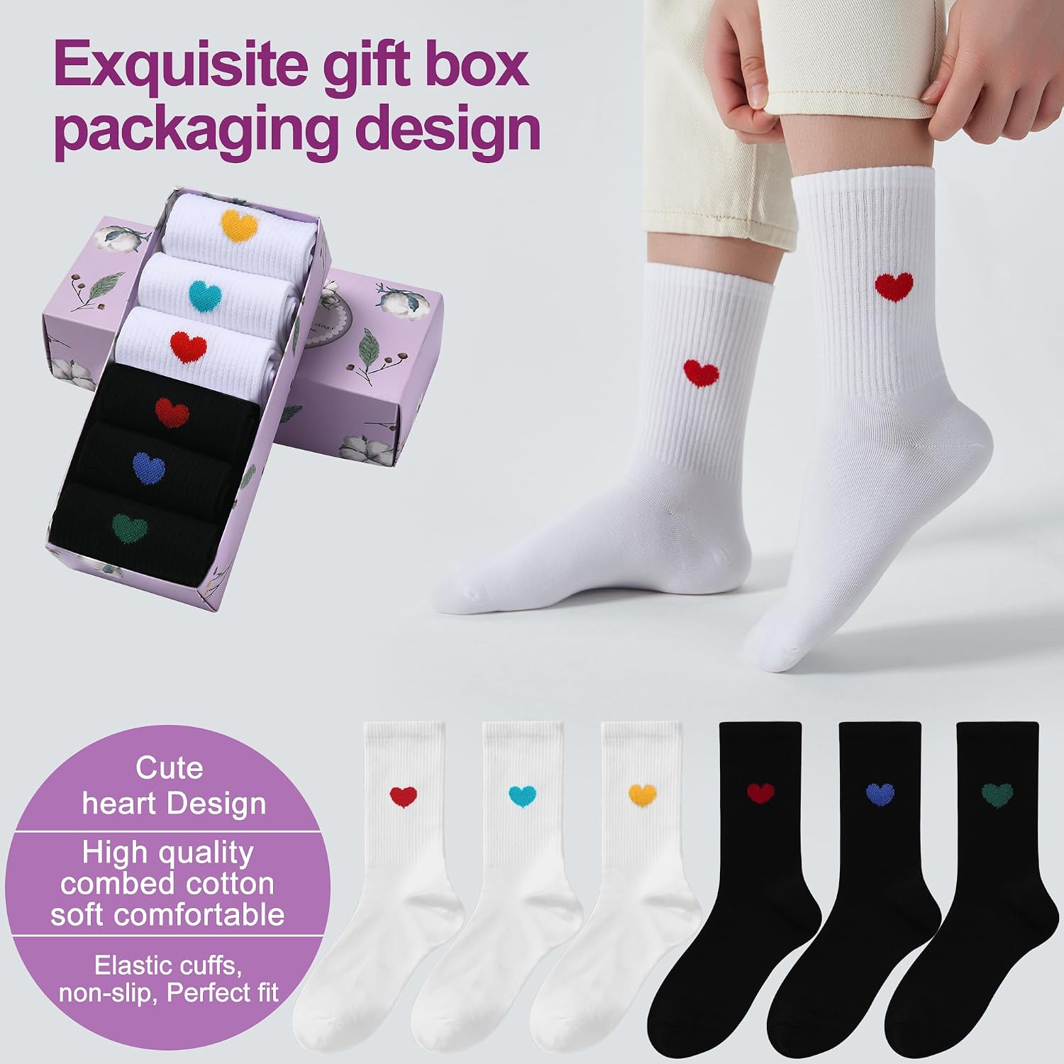 inhees Women's Cotton Crew Socks - 6Pairs Above Ankle Fun Cute Heart Bootie Dress Socks - Gifts for Mother/Her