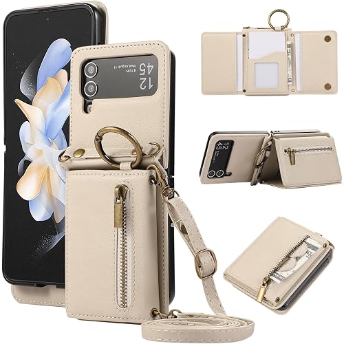Compatible with Samsung Galaxy Z Flip 3 5G 2021 Wallet Case and Crossbody Shoulder Strap Ring Buckle Hinge Protection Stand Card Holder Phone Cover for ZFlip3 Z3 Flip3 3Z Women Girls Men Beige