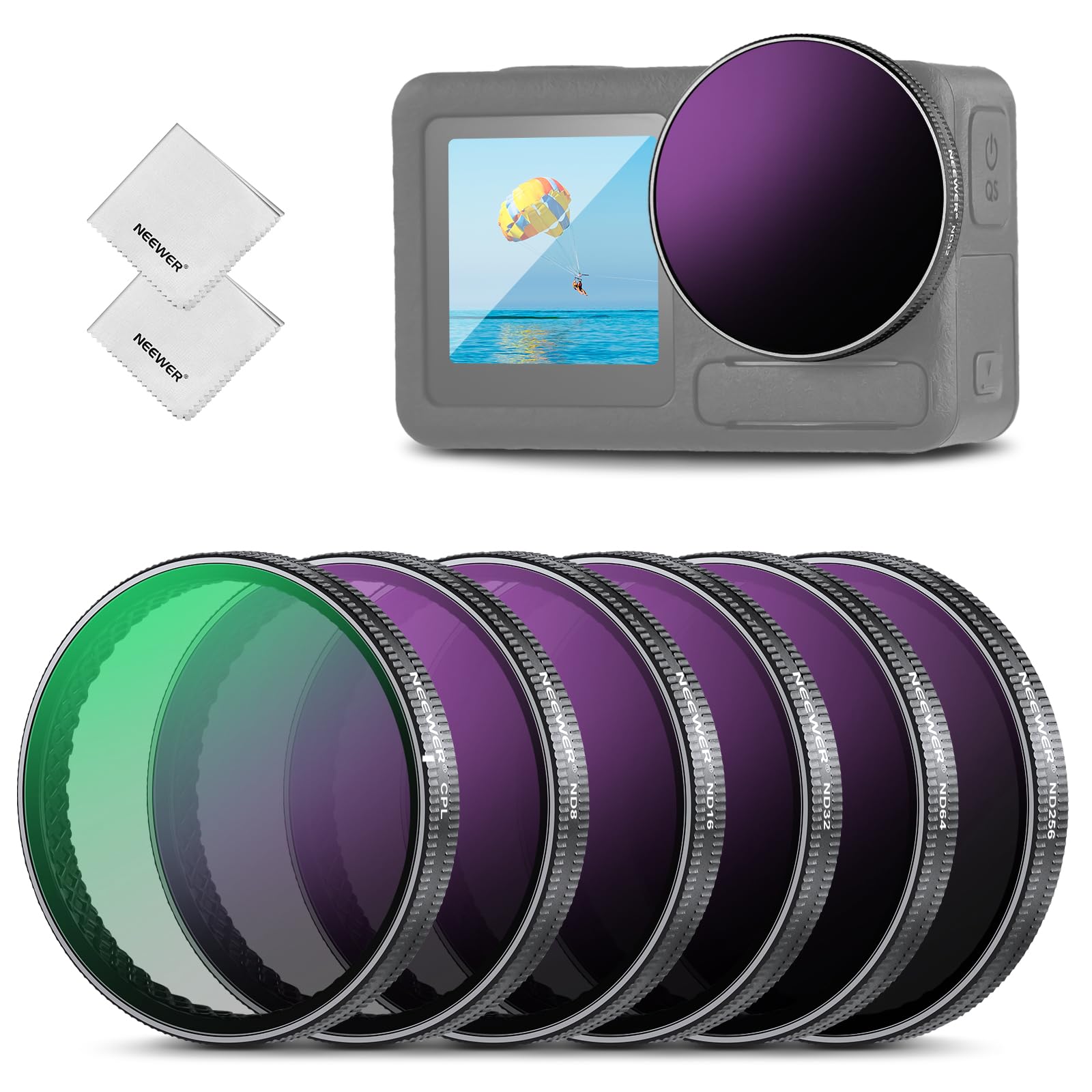 NEEWER ND Filter Set, kompatibel mit DJI Osmo Action 5 Pro/4/3, 6er Pack, Graufilter ND8 + ND16 + ND32 + ND64 + ND256 + CPL Polfilter, Action Kamera Objektiv Zubehör, HD Optikglas, mit Reinigungstuch