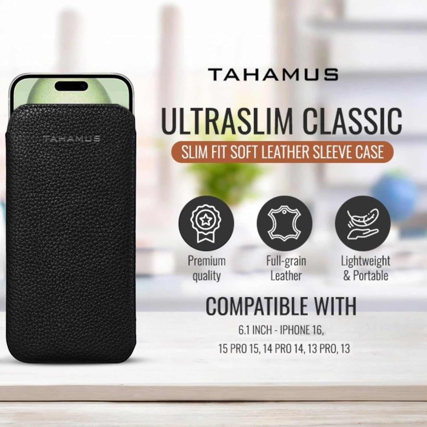 UltraSlim Classic Slim Fit Soft Leather Sleeve Case, Compatible with iPhone 16, iPhone 16e, iPhone 17e 6.1 inches (Black, 16)