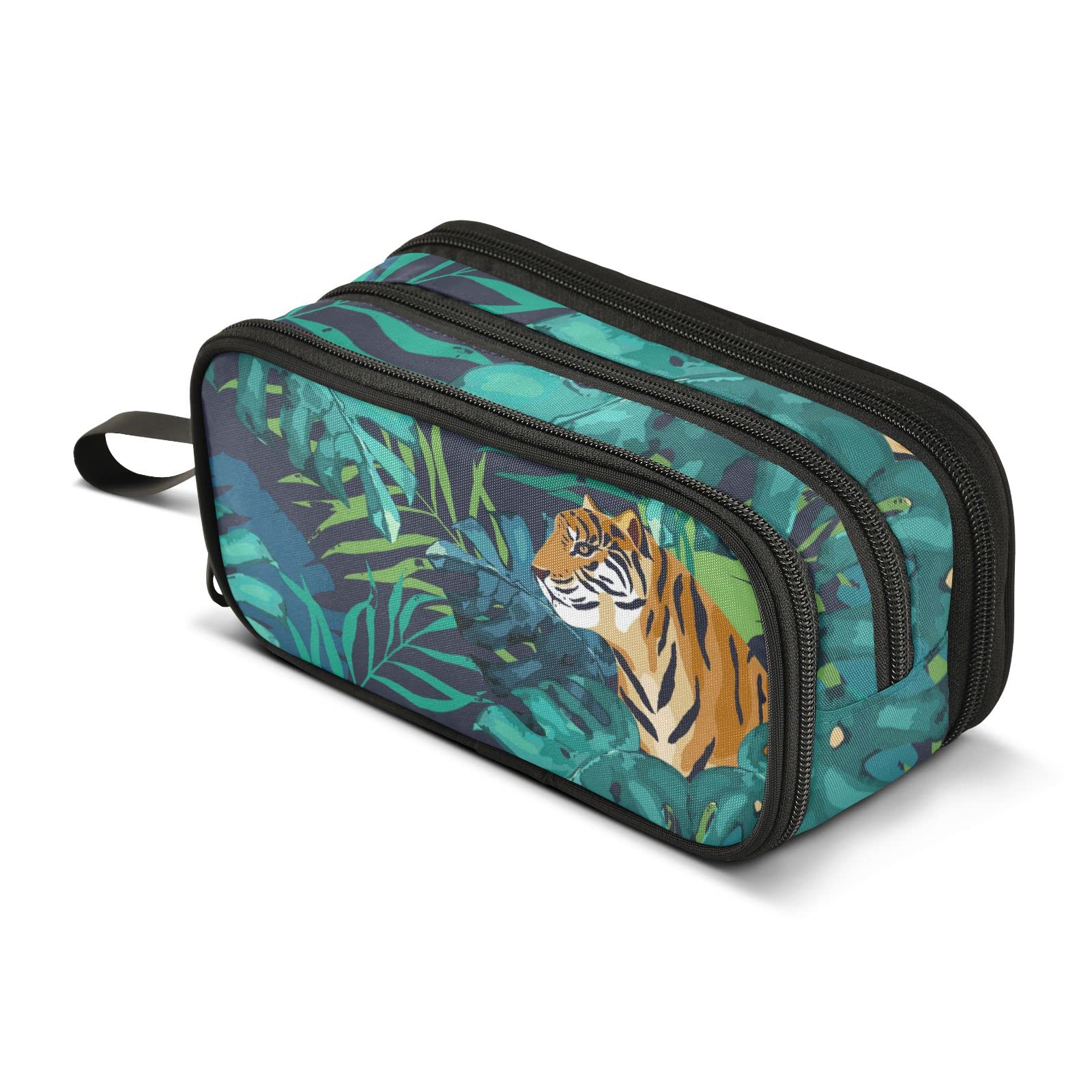 Large Pencil Case Tropical Palm Leaves Tigers Pencil Bag Portable Office Stationery Makeup Bag for Middle High School College Students Girls Boys — image 1