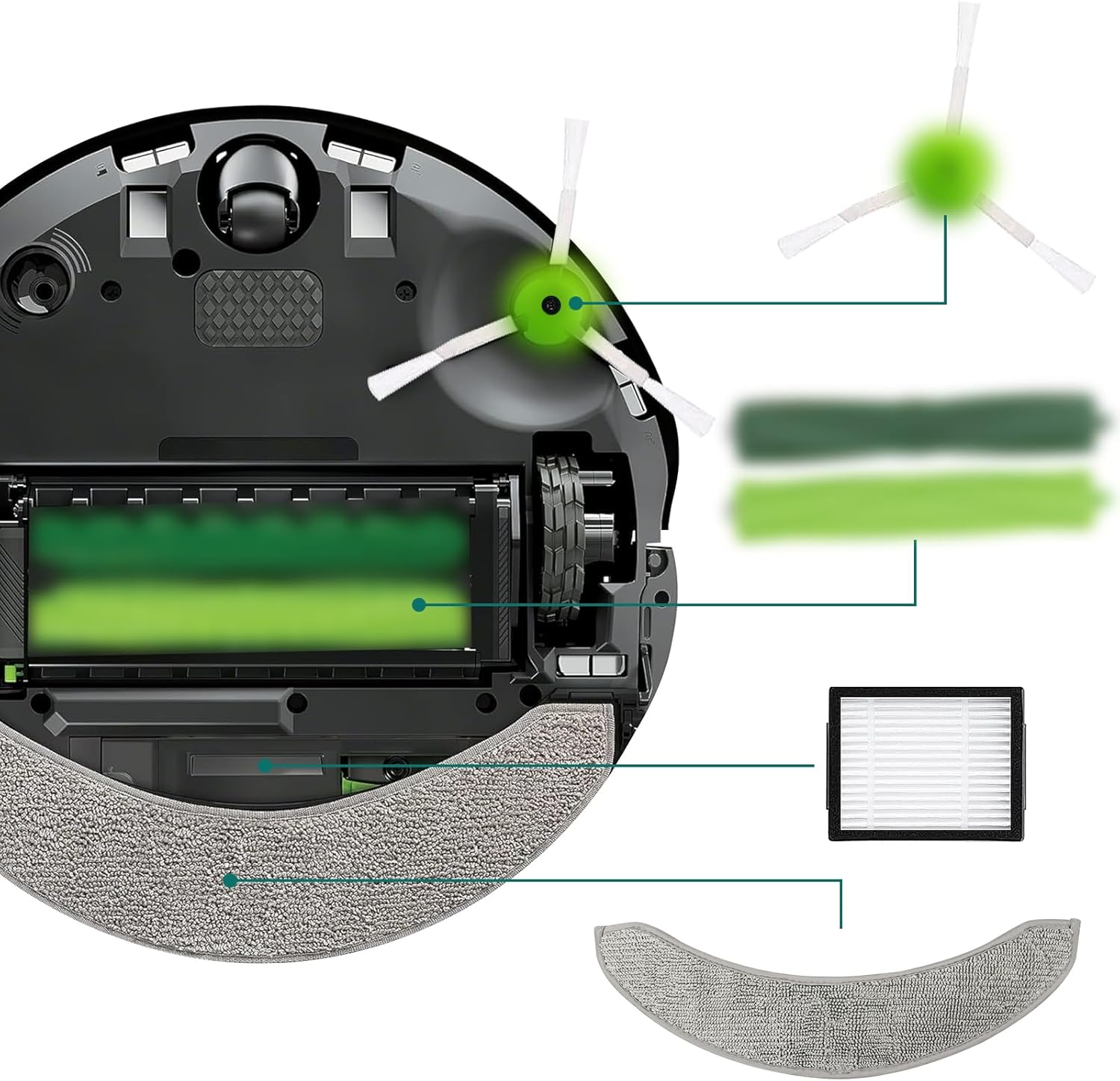 Katerelis 24 Pack Replacement Parts Compatible with iRobot Roomba Combo j7+/Plus Robot Vacuum Cleaner, 2 sets of multi-surface rubber roller brush 6 filters 6 side brushes 6 vacuum bags 4 Mopping Pad