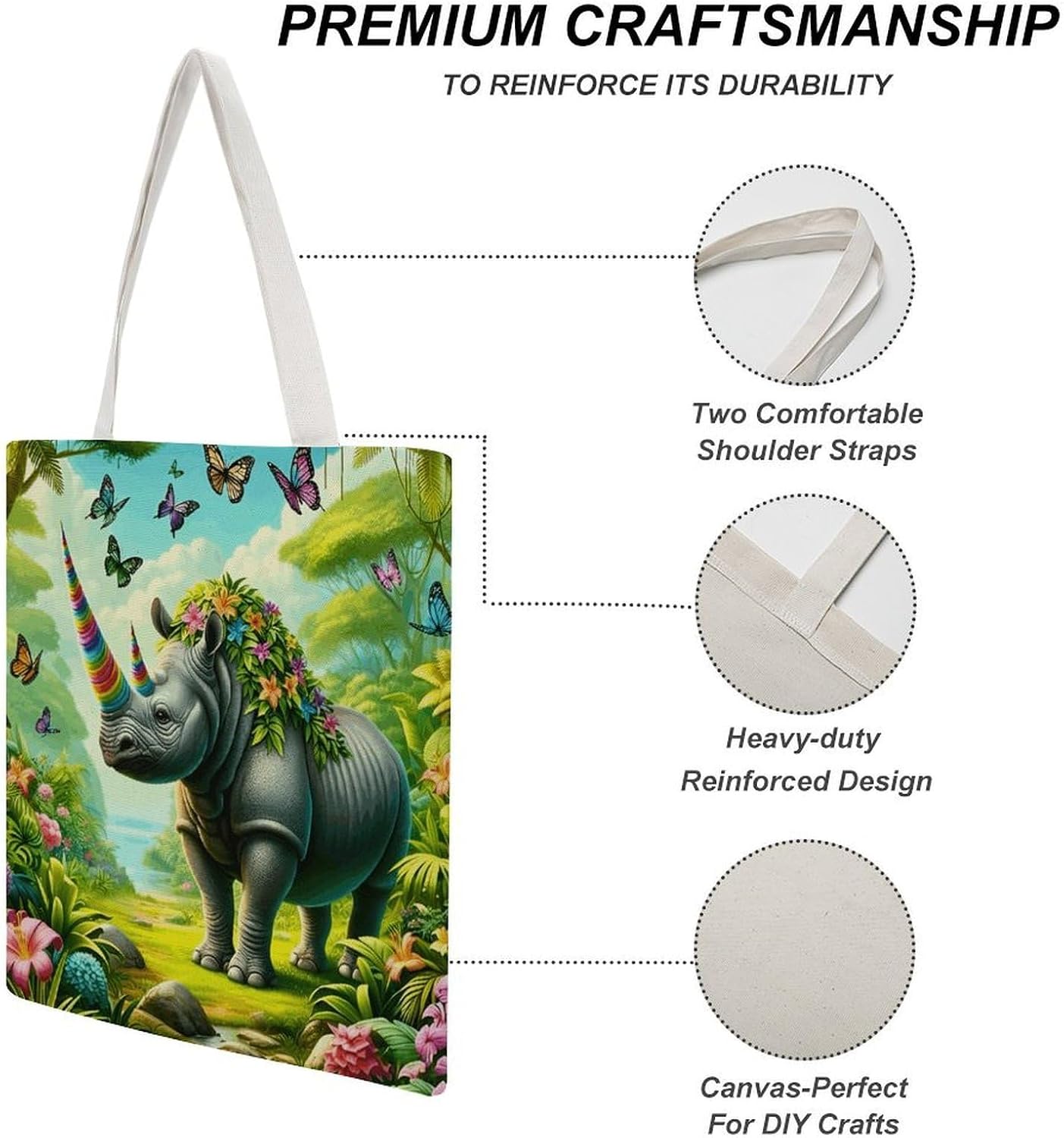 One-Horned Rhinoceros Canvas Tote Bag Reusable Grocery Bags Foldable Soft Cotton Shoulder Carry Bag