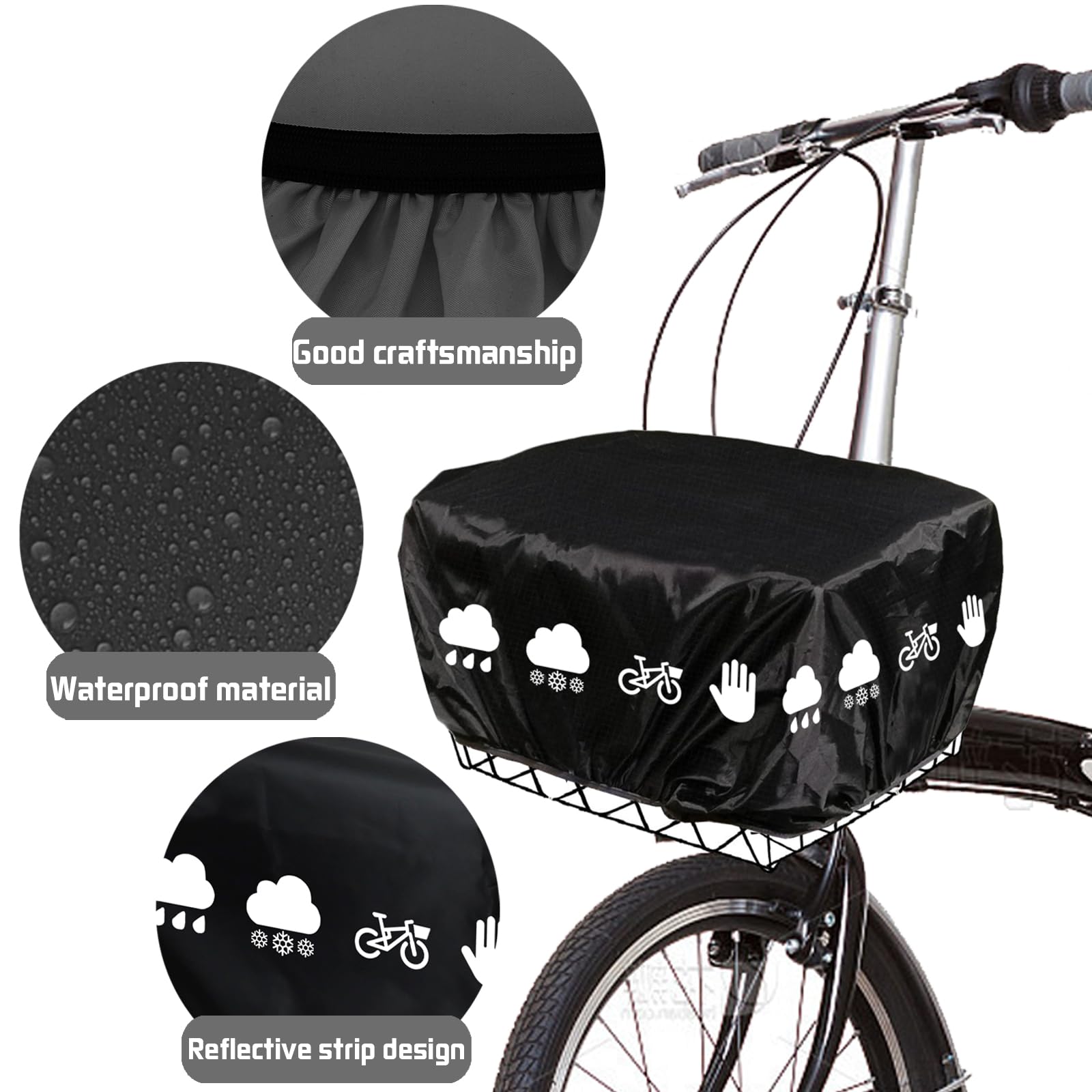 Copertura Antipioggia, Cestino Bicicletta Anteriore, Cestino Bicicletta Posteriore, 46x32x20 cm, Copertura Antipioggia Per Cestino Bici Con Strisce Riflettenti