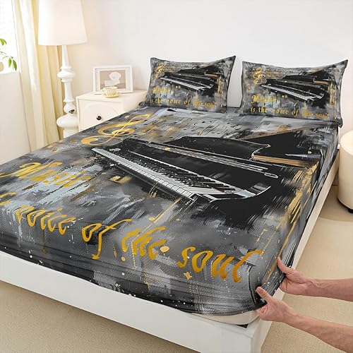 Piano Music Fitted Sheets Full Size,Musical Notes Bedding Set 3Pcs for Kids Girls Boys Teens Room Decor,Retro Graffiti Grey Gold Bed Sheet Music