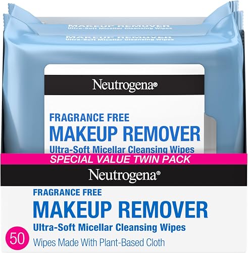 Neutrogena Cleansing Fragrance Free Makeup Remover Face Wipes, Cleansing Facial Towelettes for Waterproof Makeup, Alcohol-Free, Unscented, 100% Plant-Based Fibers, Twin Pack, 2 x 25 ct