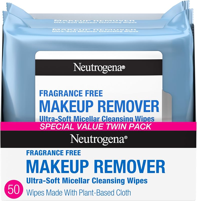 Toallitas desmaquillantes Neutrogena, sin fragancia, 2 paquetes de 25 unidades | Paños de limpieza micelares, eliminan suavemente el aceite, la suciedad y el maquillaje impermeable, paño a base de plantas, paquete doble