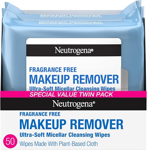 Neutrogena Fragrance-Free Makeup Remover Wipes, Daily Facial Cleanser Towelettes, Gently Removes Oil & Makeup, Alcohol-Free Makeup Wipes, 50 Count (2 Packs of 25)