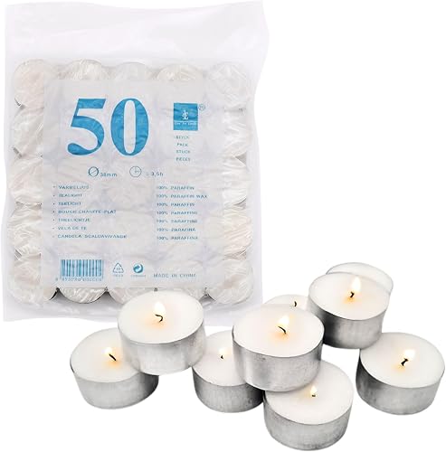 Unscented Tea Light Candles, 3.5 Hour Burn Time, White Paraffin Wax with Metal Holders (Pack of 50)