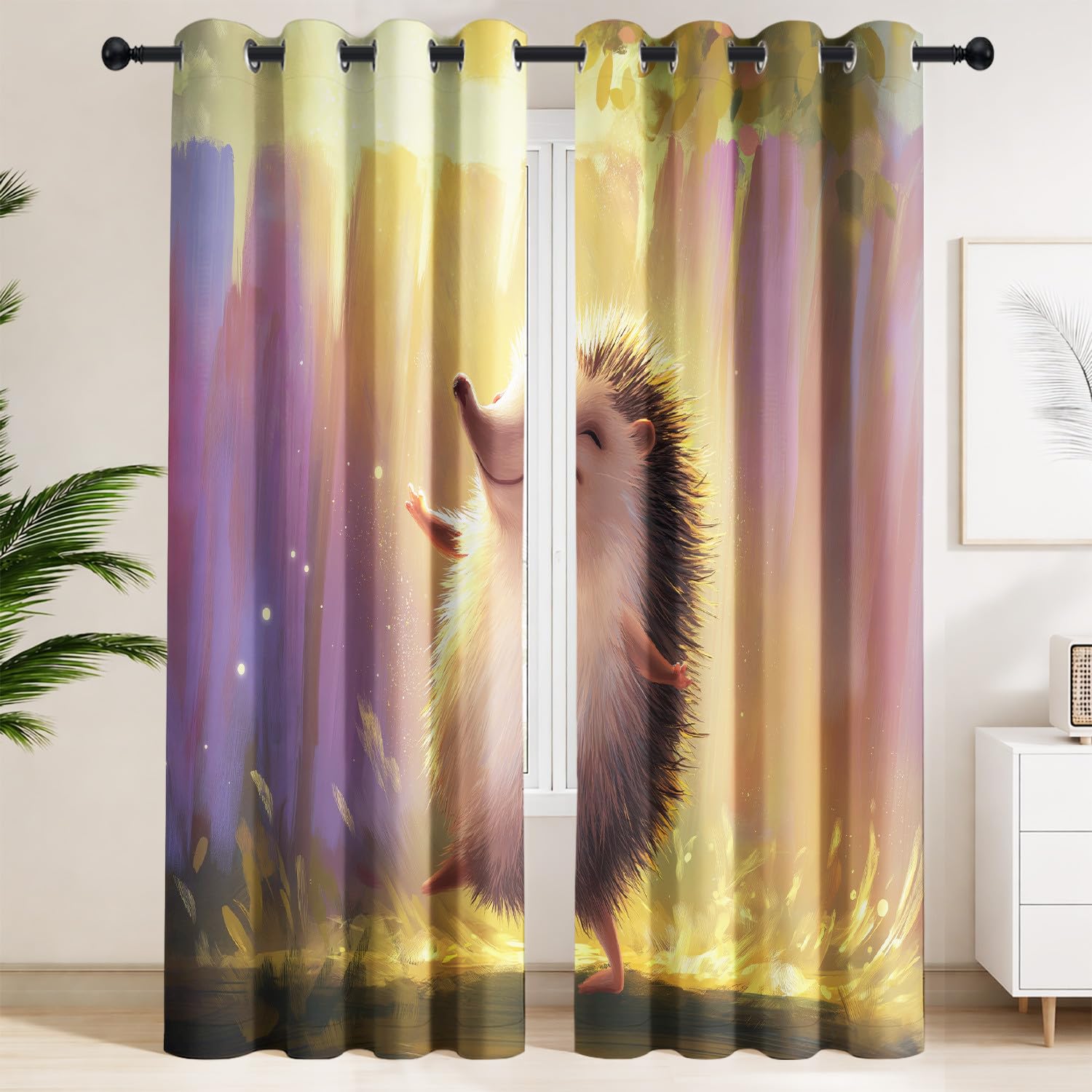 Tenda Oscurante Giallo con Motivo Riccio Sorridente Sole Fiabesco Fantasy - 140x240cm 2 Pannelli - Termica Poliestere Tenda per Cameretta Neonato Stanza Bambini, Fiaba Per Bambini Tenda Poliestere