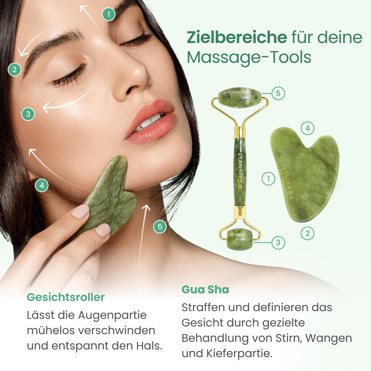 PLANTIFIQUE Rullo Giada Viso e Gua Sha - Jade Roller e Guasha Pietra Massaggiatore Antirughe & Rullo Viso di Quarzo Rosa e Gua Sha - Roller e Guasha Pietra Massaggiatore Antirughe