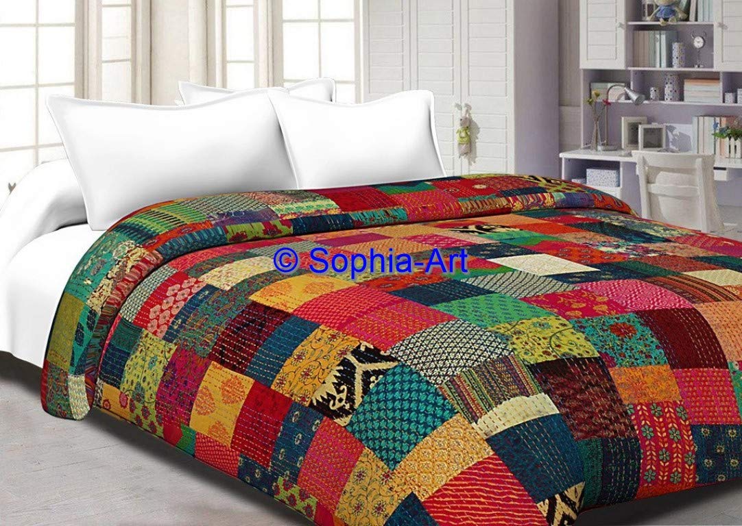 Sophia-Art Jaipuri Haat Handmade Indian Rural Pure Cotton Vintage Floral Print Double Bed Spread Gudri Kantha Quilt/AC Summer Blanket