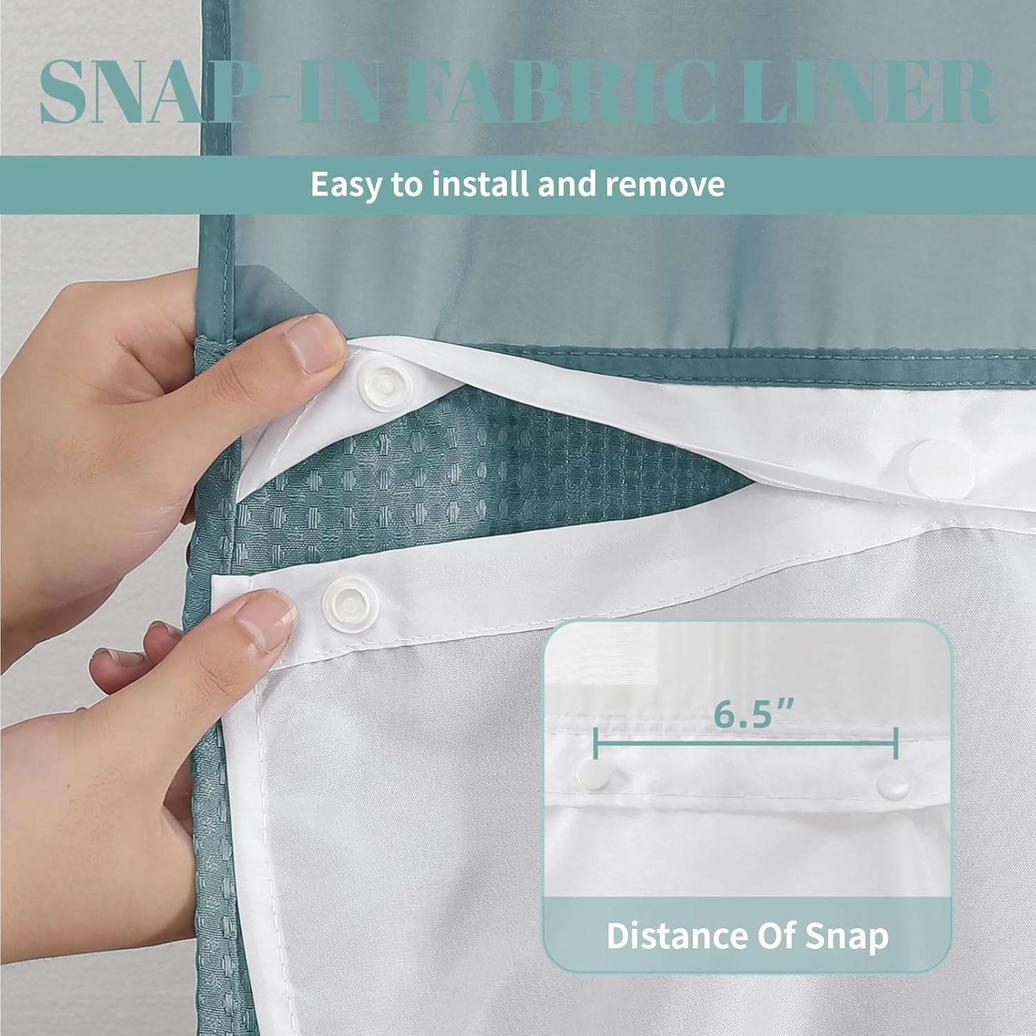 SeawedGreen No Hook Waffle Weave Shower Curtain with snap-in Liner Replacement, 230GSM Waterproof Fabric Hotel Shower Curtain Set for Bathroom, Through Mesh Top Window,71Wx74H