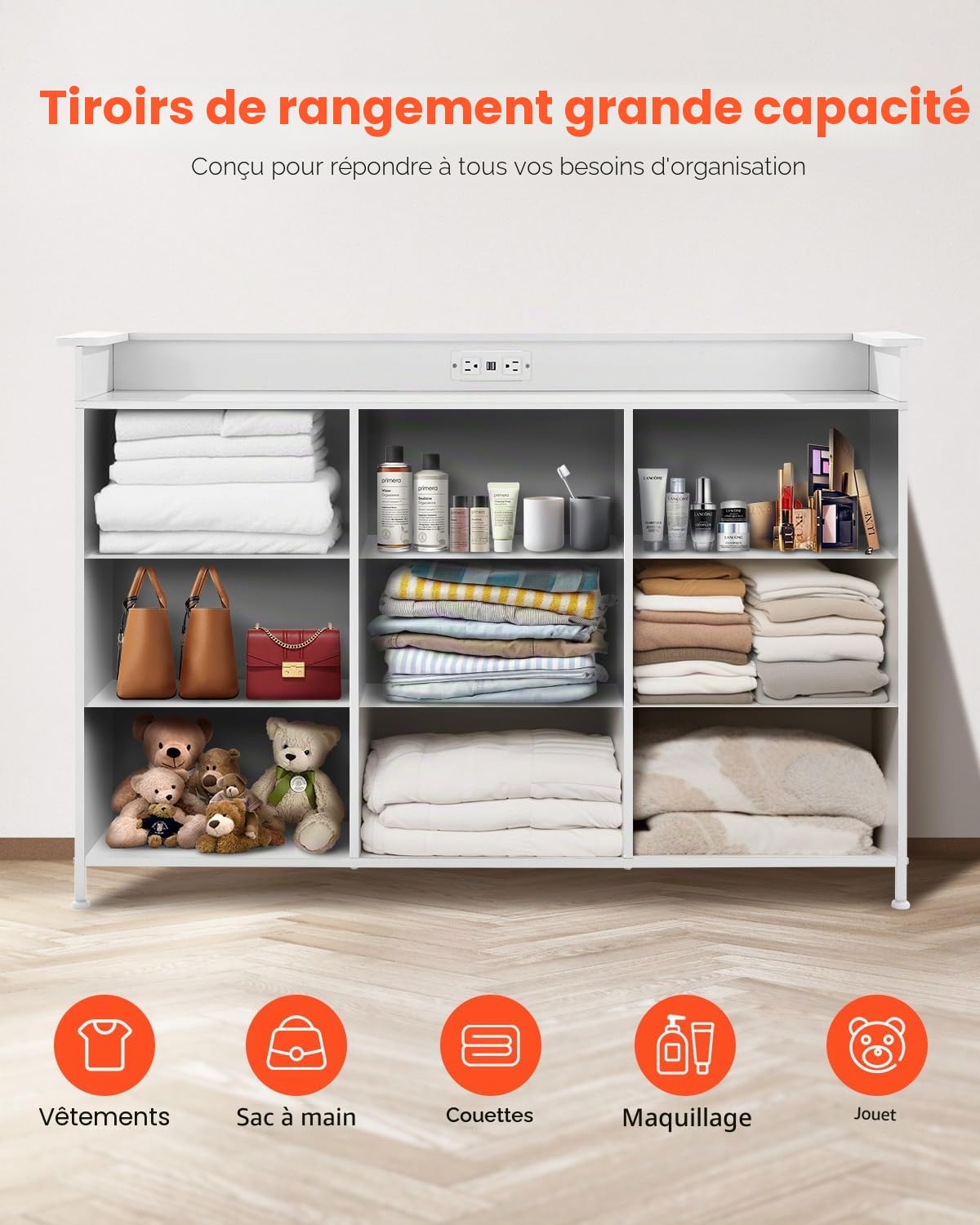 VEVOR Commode Haute en Tissu à 9 tiroirs, Meuble de Rangement avec bacs Tissu, tiroir de Rangement pour Placard, Cadre en métal Robuste, lumières LED et Prise intégrée, pour Chambre, Couloir, Blanc