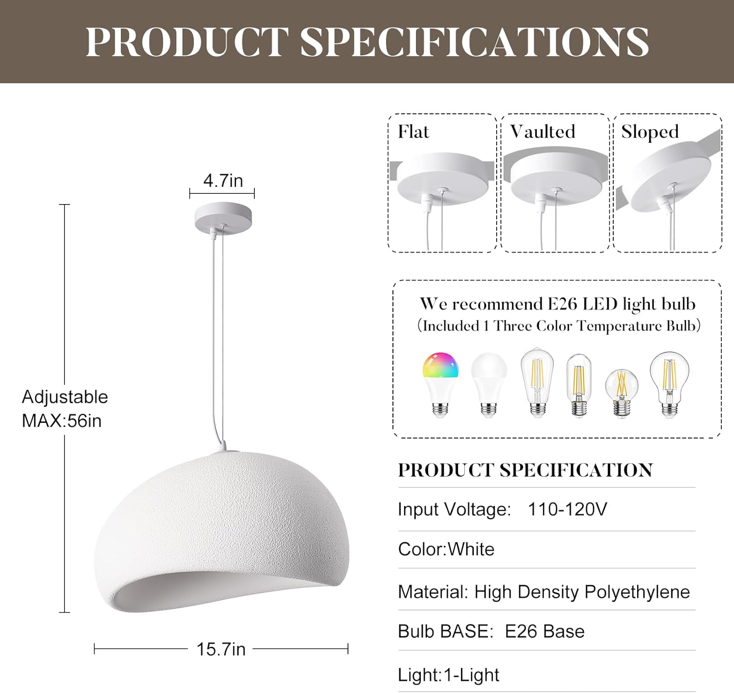 15.7in White Wabi sabi Light Fixture Dining Room Pendant Light japandi lamp Modern Pendant Light for Kitchen Island Living Room Bedroom Bathroom Entryway