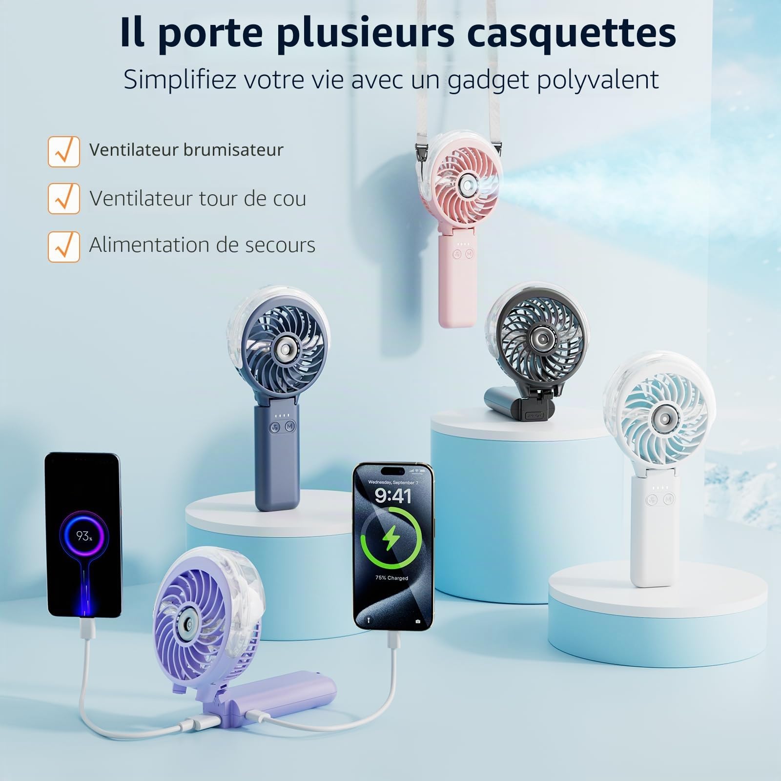 HandFan Ventilateur brumisateur portatif 5200 mAh avec batterie externe, réservoir d'eau de 34 ml, ventilateur personnel rechargeable, mini ventilateurs électriques à main pour la plage, les voyages