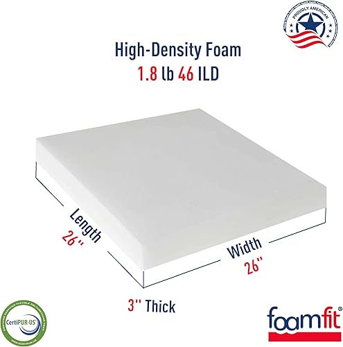 Miniatura 2 de FoamFit Espuma de tapicería de 3 pulgadas de grosor, 26 pulgadas de ancho, 26 pulgadas de largo, alta densidad, 1.8 libras, 46 ILD firme reemplazo