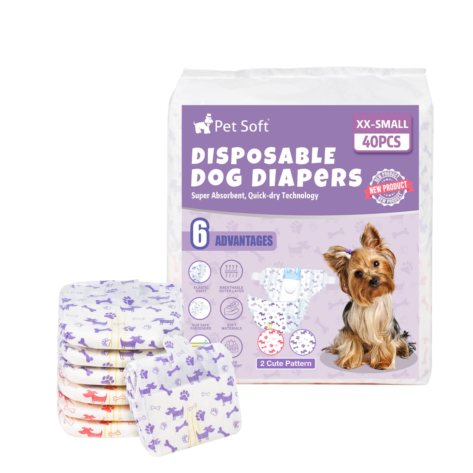 Pet Soft Dog Nappies Female, 40 Count Disposable Dog Period Season Pants, Super Absorbent Disposable Dog Diapers for Female Dogs with Wetness Indicator
