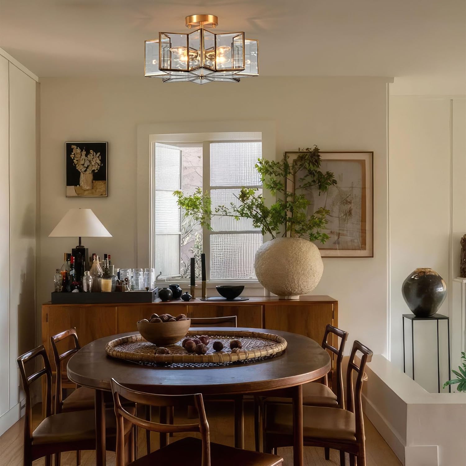 Milaii Star Semi Flush Mount Ceiling Light Fixture 16.3in Copper Brass Close to Ceiling Light Clear Glass 4-Light Hallway Lights for Kitchen Bedroom Foyer