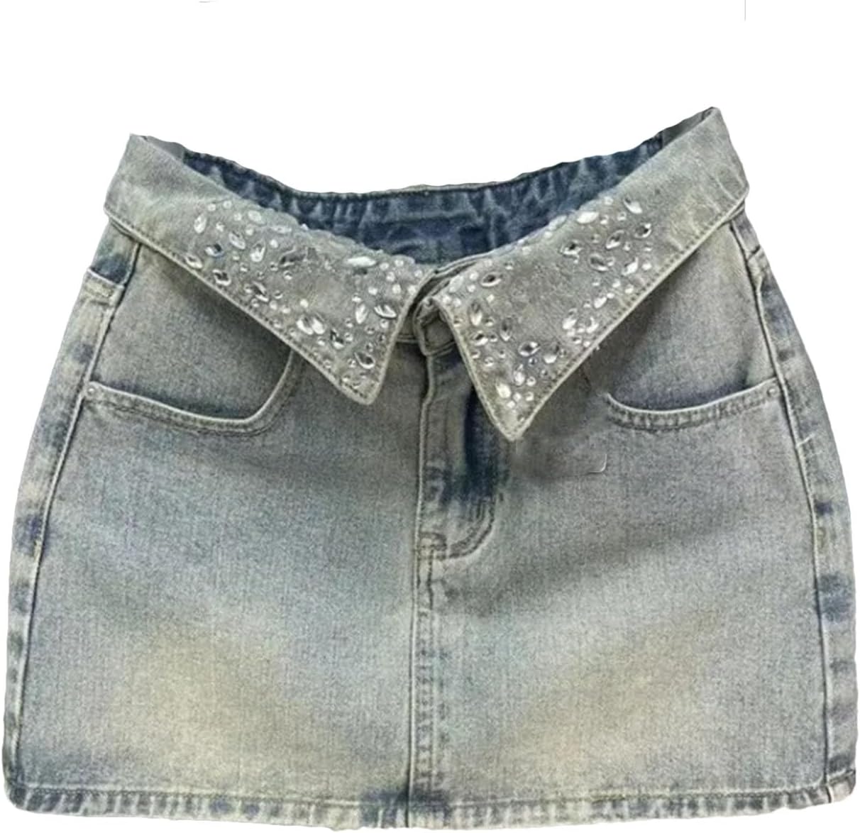Women's Rhinestones Short Jean Skirt Summer Diamond High Waist Denim A-Line Skirts