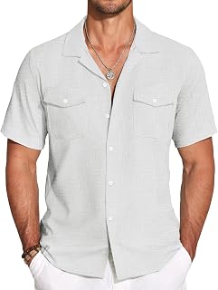 COOFANDY Men's Linen Short Sleeve Button Down Shirt Casual Cuban Collar Summer Beach Shirts Vacation Essentials
