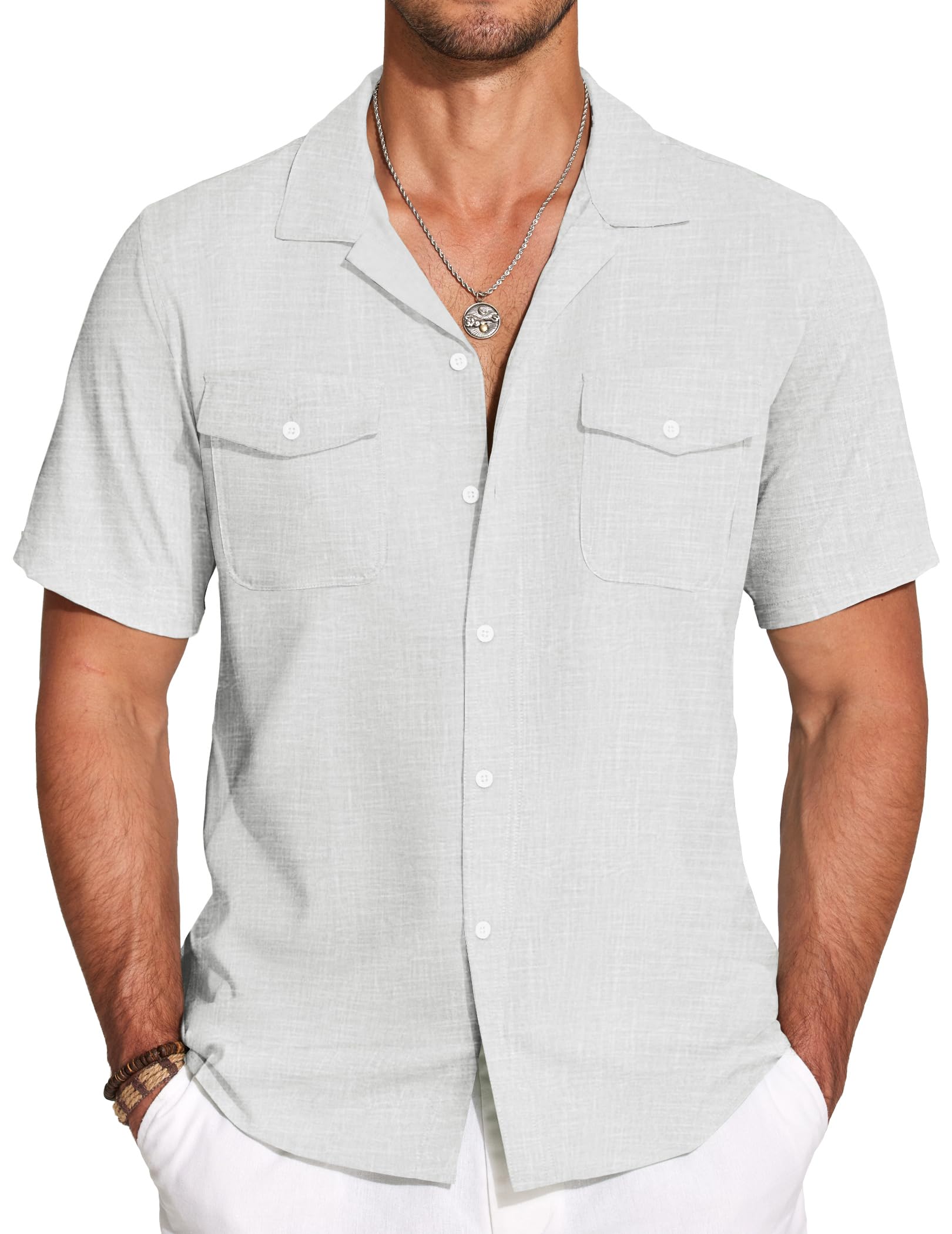 COOFANDY Men's Linen Short Sleeve Button Down Shirt Casual Cuban Collar Summer Beach Shirts Vacation Essentials