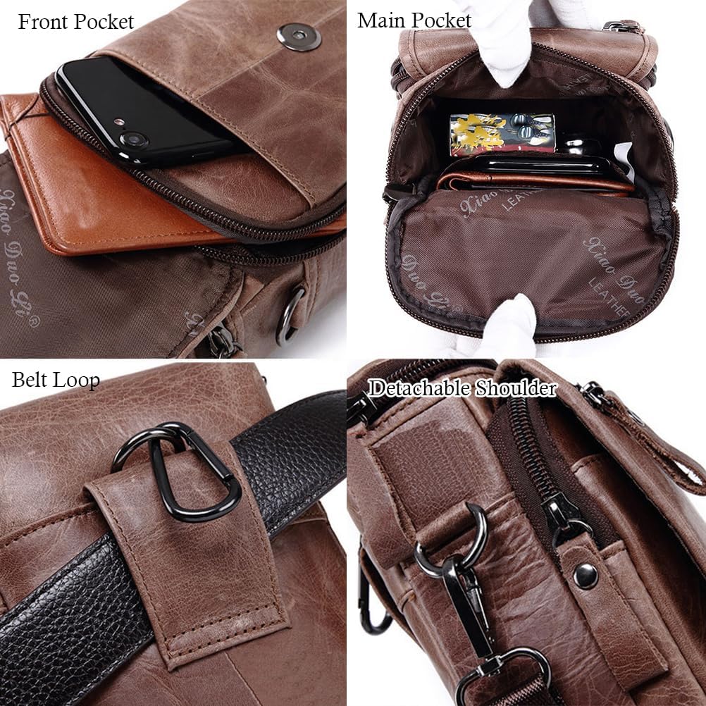 Cow Top Layer Leather Waist Belt Bag Small Classic Side Fanny Pack Hip Bum Purse Smartphone Pouch Model 13-Black