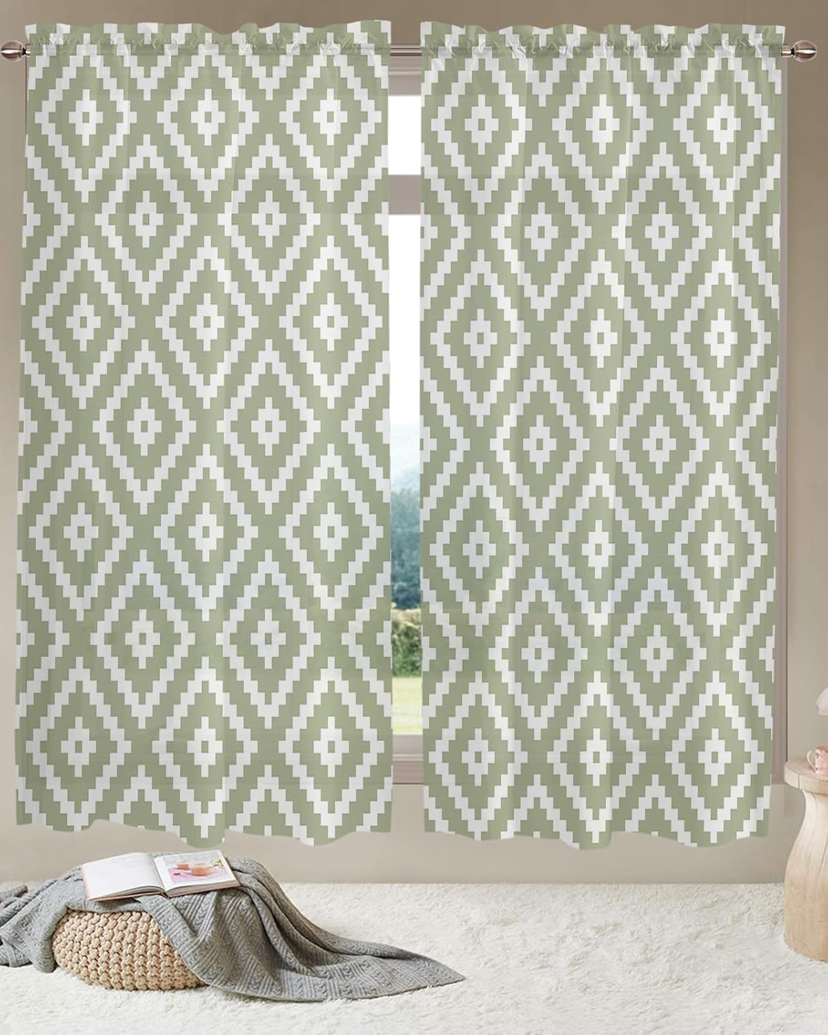 Sage Green Window Sheer Curtain Panels Sets of 2, Drape Curtains 72 Inches Long for Kitchen, Bedroom, Living Dining Room, Rod Pocket Drapery, Modern Abstract Minimalist Geometric 104x72