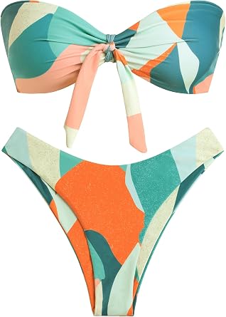 ZAFUL Knotted Bandeau Bikini for Women Strapless Swimsuits High Cut Bathing Suit Sexy Cheeky Tie Side Swimwears