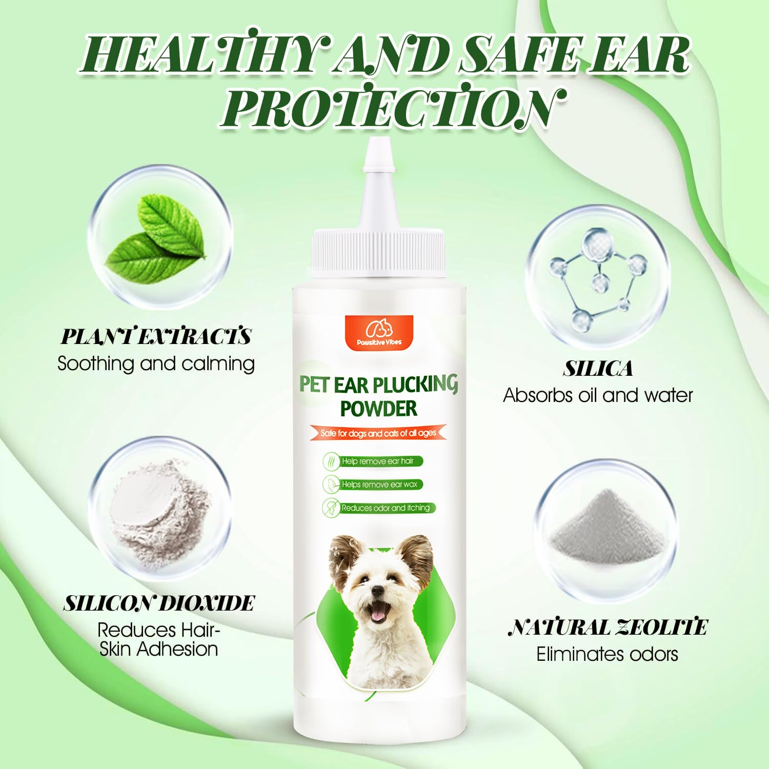Pawsitive Vibes Zestaw do czyszczenia uszu dla psa, proszek do usuwania sierści 30 g, hemostat i obcinacz do strzyżenia psów do pielęgnacji, leczenia infekcji ucha psa, usuwania woskowiny i zapachu