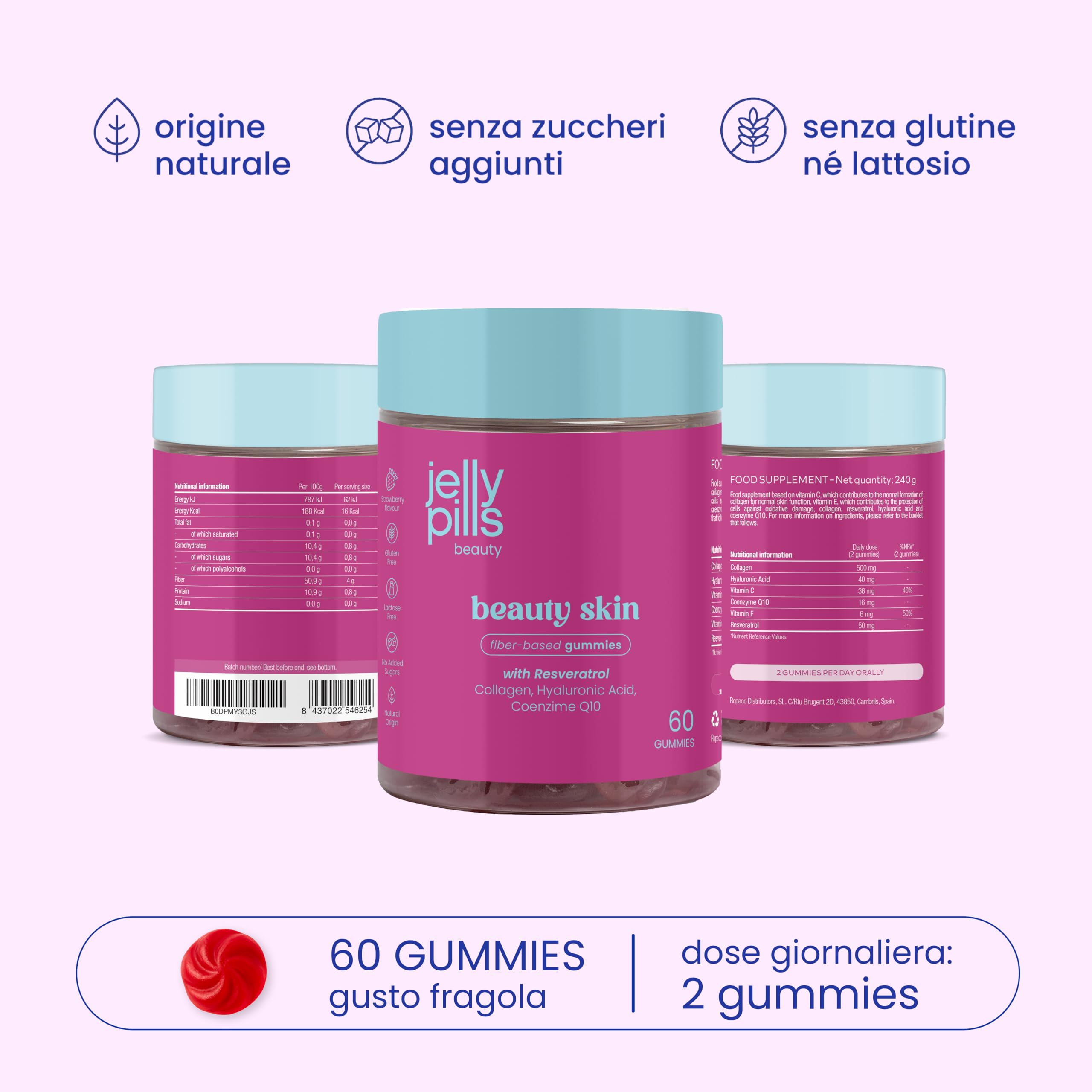 Jelly Pills Gummies Collagene 500 mg + Resveratrolo 50 mg + A.Ialuronico + Coenzima Q10 + Vitamine C E - 60 Gummies per 2 mesi - Senza Zuccheri - Gusto Fragola Naturale - Pelle e Articolazioni