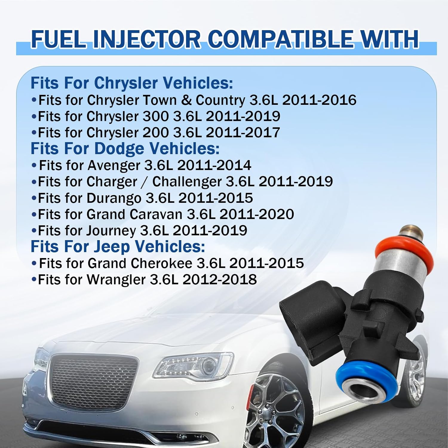 3.6L Fuel Injection Fuel Rail with Injectors fits for Chrysler 200 300 fits for Dodge Fits for Jeep Grand Cherokee fits for Ram ProMaster 1500 2500 3500 3.6L 2011-2019 Replace# 53034198AC 5184085AD