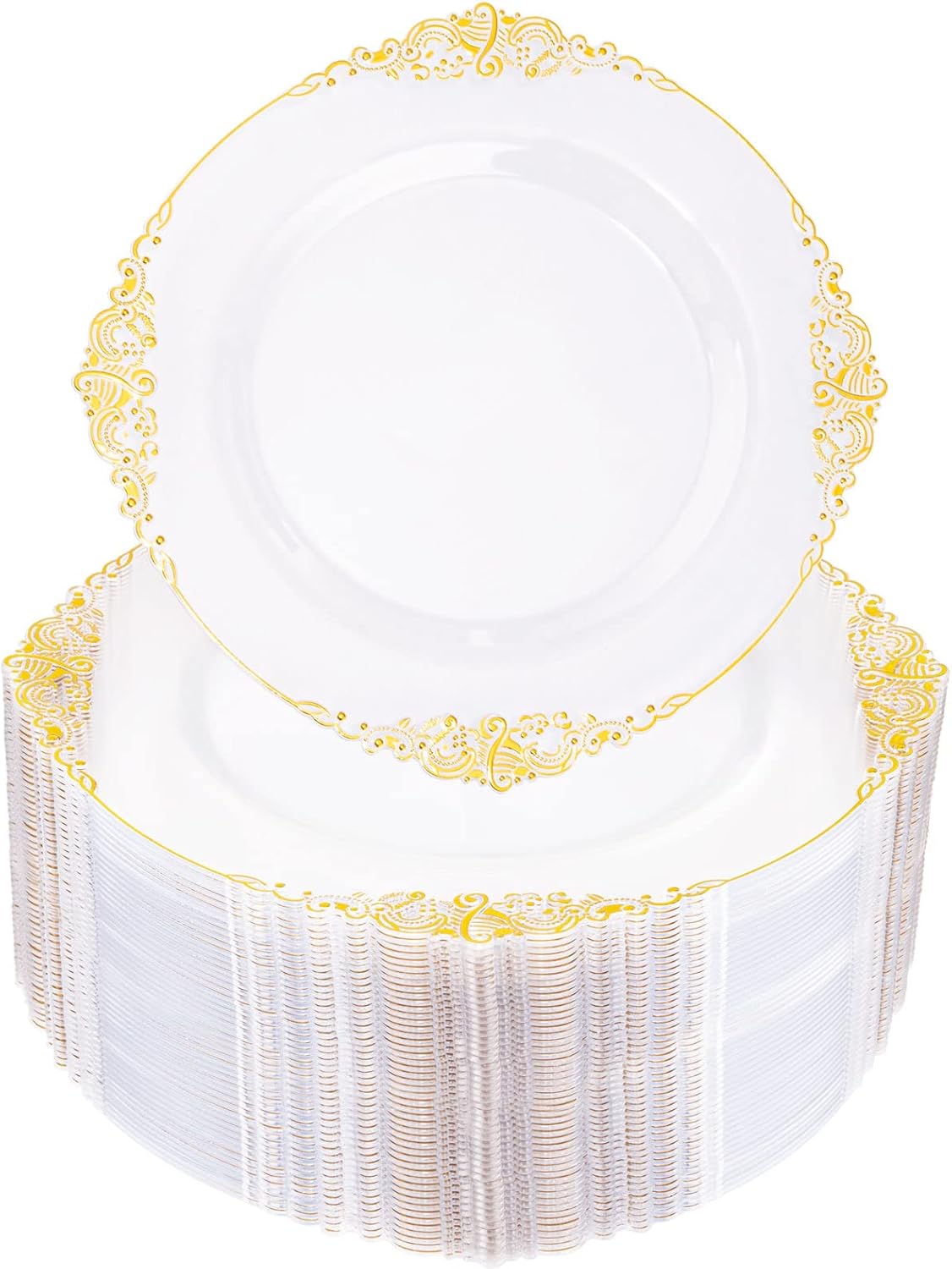 Morejoy 100 Pieces Gold Plastic Plates - Clear Gold Disposable Plates - 10.25inch Clear Plastic Dinner Plates With Gold Rim for Weddings & Parties & Shower