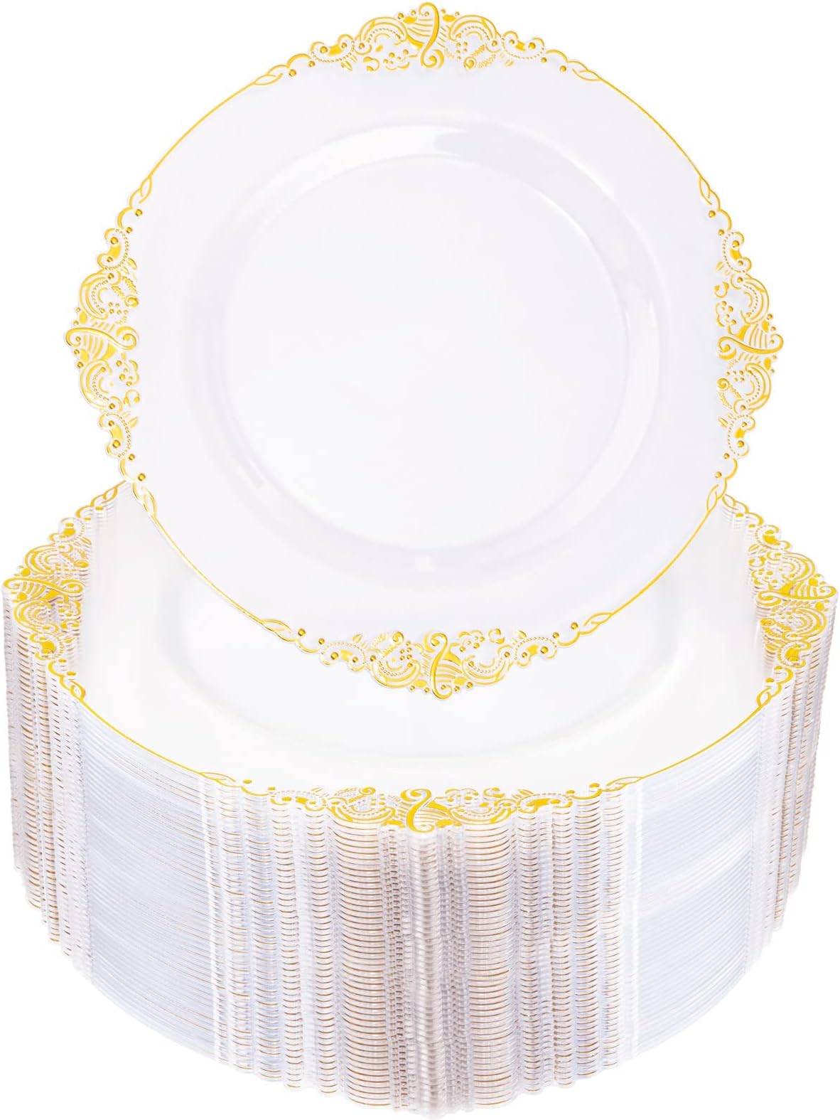 Morejoy 100pcs Gold Plastic Plates - Clear Gold Disposable Plates - 7.5 inch clear and gold dessert plates, Clear Plastic Plates with Gold Rim for Weddings & Parties & Shower