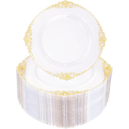 176Pcs White and Gold Plastic Plates - White Plastic Plates with Gold Rim 25Guest include 25Dinner Plates 25Dessert Plates 25Cups 25 Cutlery 25Napkins 1Tablecloth for Party&Weeding&Christmas