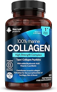 Pure Marine Collagen 100% Marine Collagen Type 1 Hydrolysed Collagen Peptides Enhanced with Hyaluronic Acid & Vitamin C -Essential Amino Acids - Collagen Supplements for Women and Men, 60 Capsules
