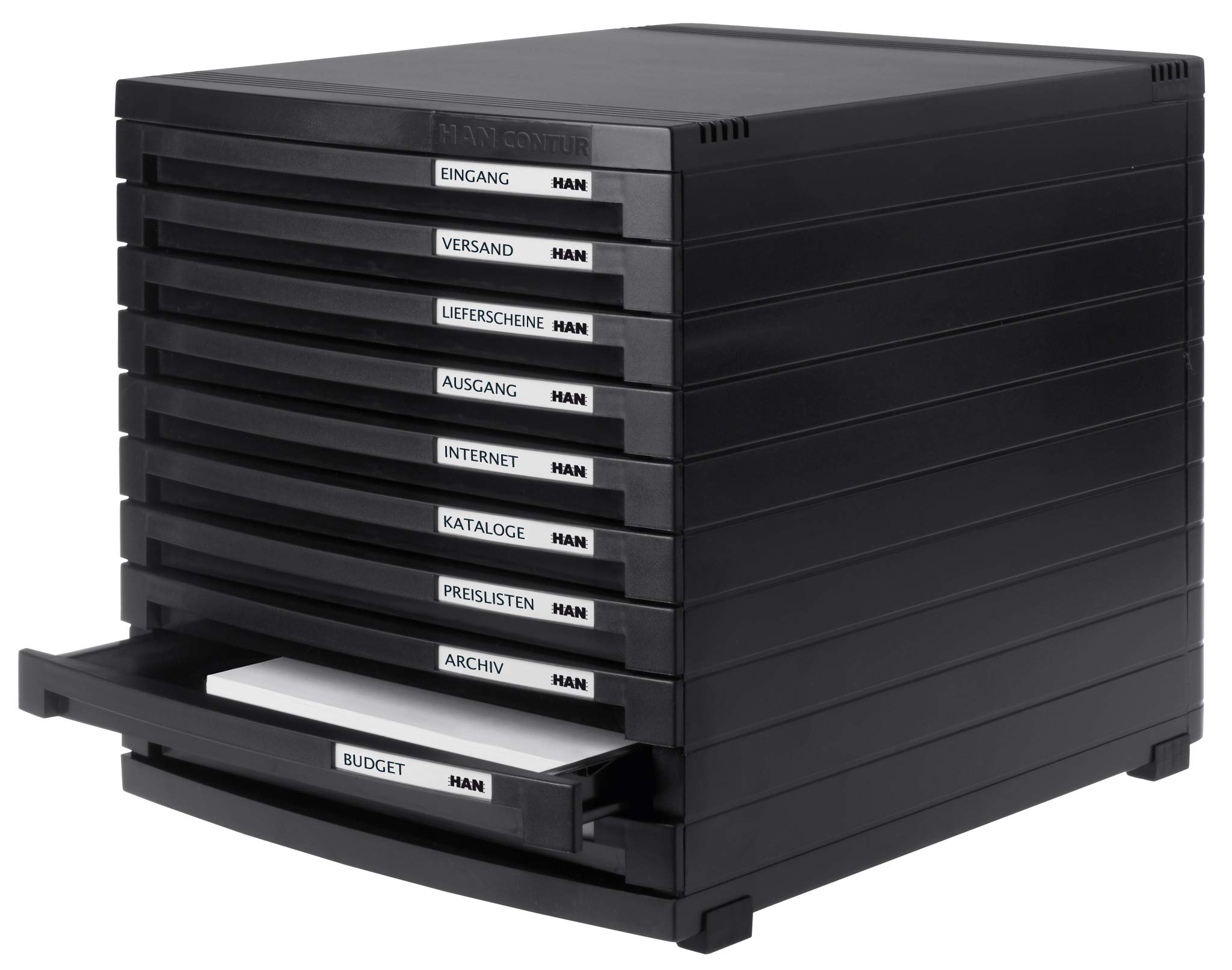 HAN Module à tiroirs CONTUR – système de classement moderne et modulaire, extensible, avec 10 tiroirs fermés pour documents jusqu´au format B4, noir, 1510-13