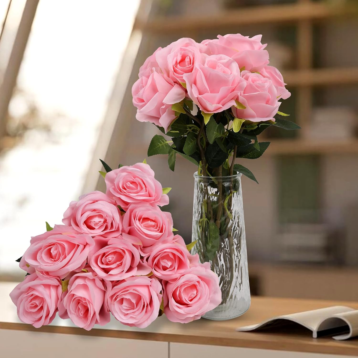 10 Pcs Artificial Rose Flowers, Fake Rose Long Stem Bouquet, Realistic Silk Pink Rose, Faux Roses for Valentine's Day Parties and Wedding Decoration (Light Pink)
