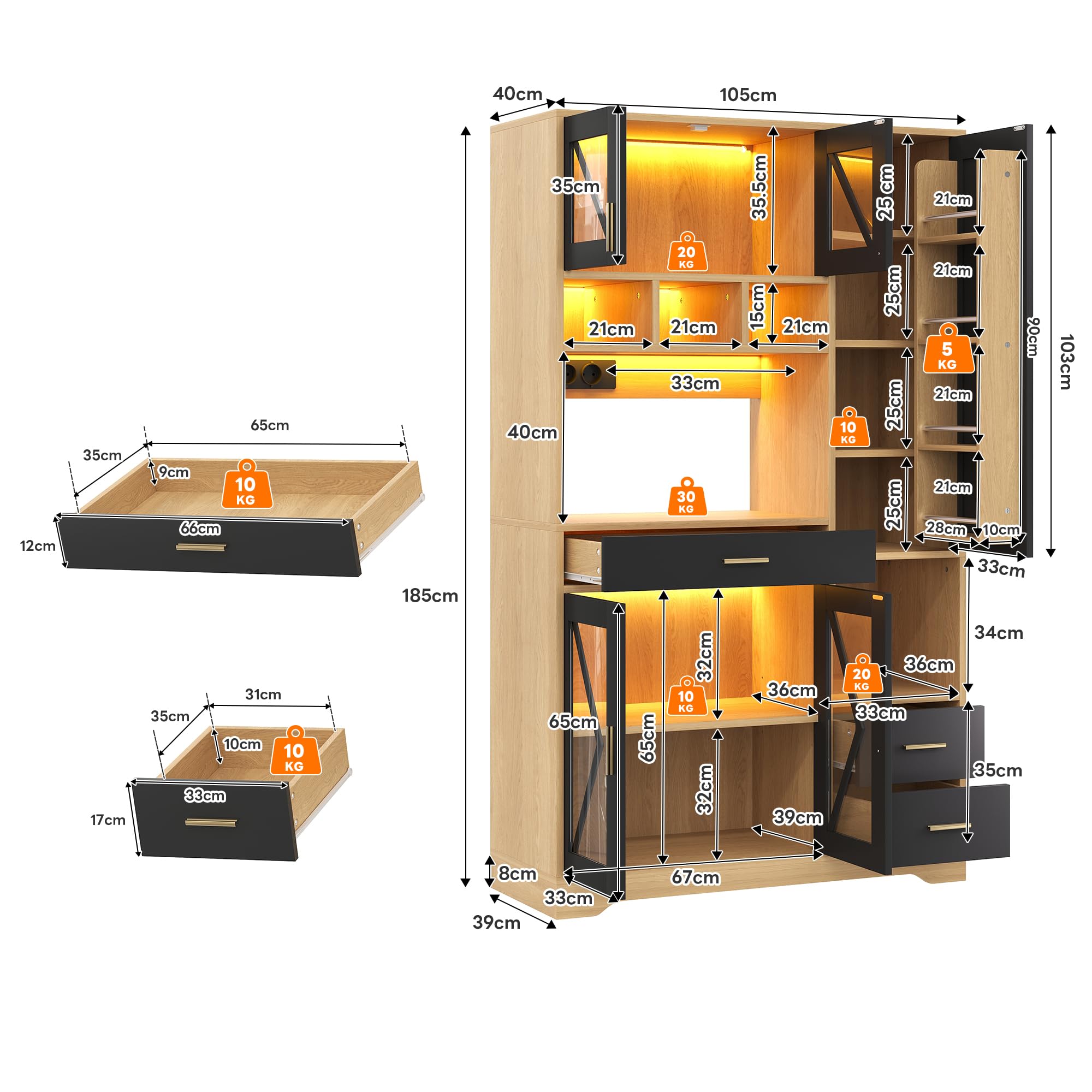 FurnitureR Küchenhochschrank, hoher Küchenschrank 105 x 40 x 185 cm, Schwarz, MDF Vorratsschrank mit 5 Türen und 3 Schubladen, APP-LED, Steckdosenleiste, als Stauraumlösung für Küche und Apartment