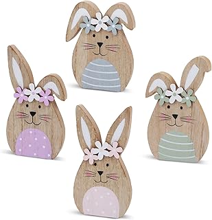 4 Pack Wooden Easter Bunny Table Decorations Easter Peeps Decor Spring Wood Bunnies Rabbit Ornament Farmhouse Tabletop Decor for Party Tiered Tray Mantle Desk Office Home Party Patio Yard Decor