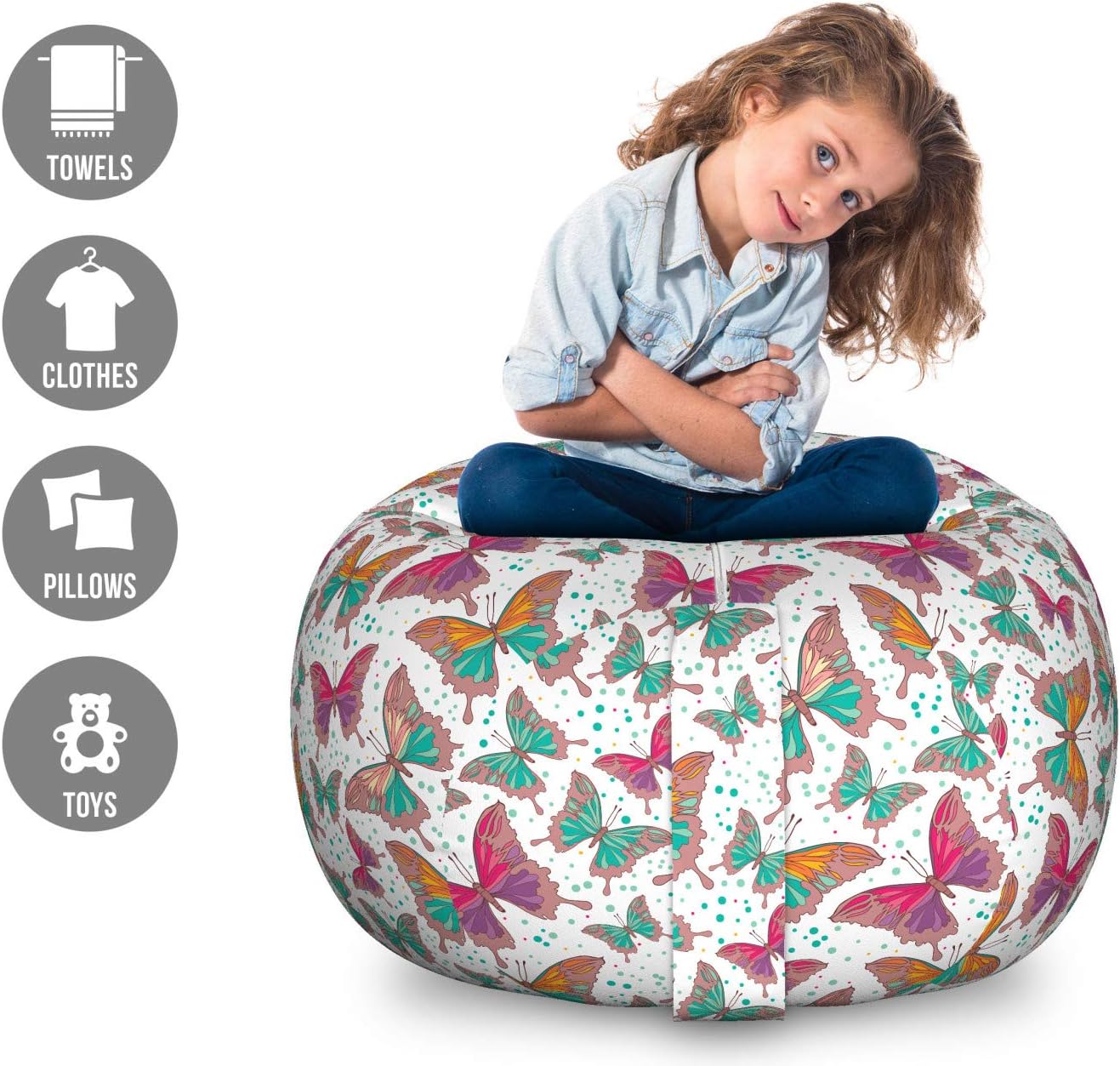 Ambesonne Butterfly Storage Toy Bag Chair, Illustration of Butterflies with Colorful Abstract Wings and Green Dots, Stuffed Animal Organizer Washable Bag, Large Size, Multicolor