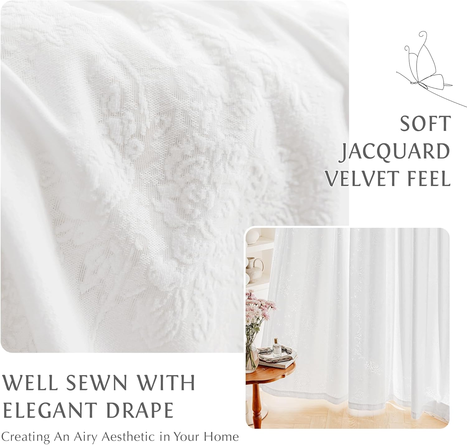 Beauoop White Floral Jacquard Sheer Curtains 108 Inches Long 2 Panels for Living Room Bedroom Semi Lace Flower Privacy Light Filtering Non-See-Through Velvet Textured Grommet Window Drapes, 52x108