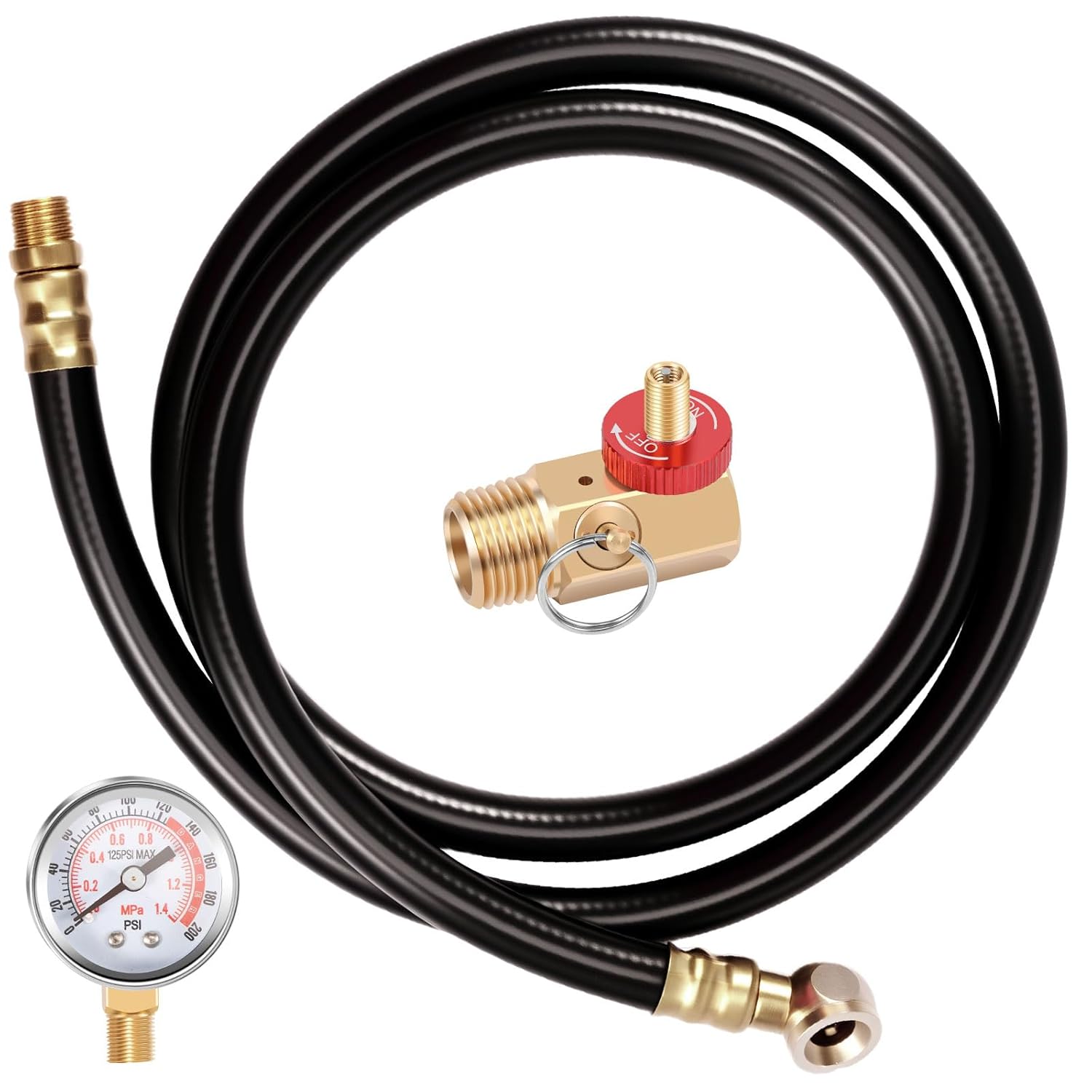 Air Tank Repair Kit w/Safety Valve 0-200 PSI Pressure Gauge and 4 Feet Air Tank Hose Assembly kit for Portable Carry Tanks Maintenance(Yellow)