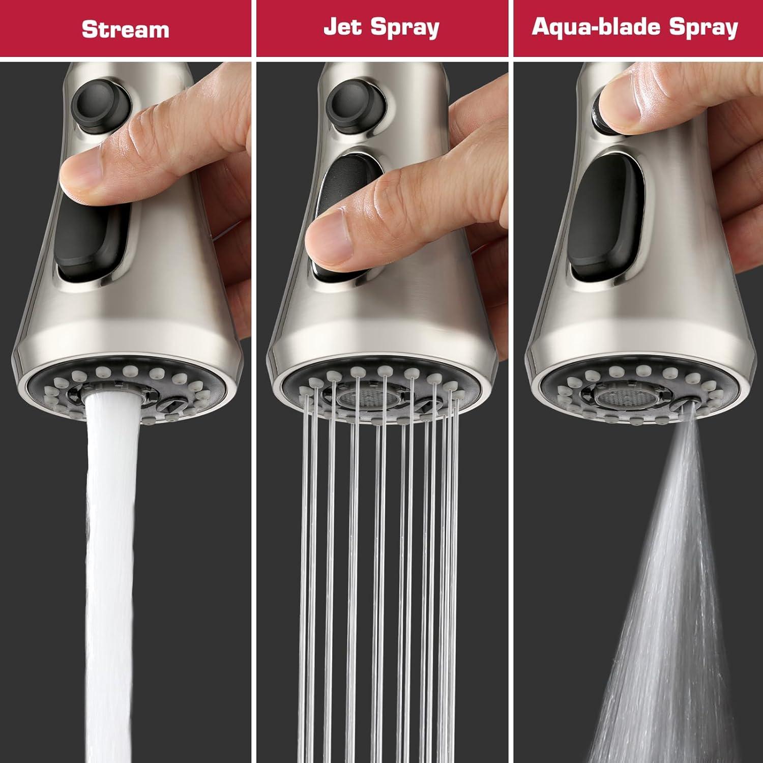 Pull Down Kitchen Faucet Spray Head Replacement - 3 Functions Faucet Sprayer Head with 11 Adapters Compatible with Delta, Moen, Kohler, Hansgrohe, Grohe, Pfister, Brushed Nickel