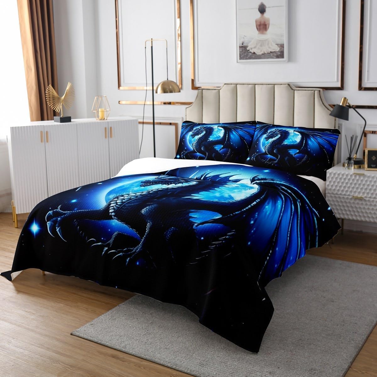 Castle Fairy Dragon Bedspread King Size,Starry Sky Moon Night Bedding Set for Kids Boys Teens Men Room Decor,3D Animals Comforter Set Western Dragon Black Blue Quilt Coverlet,2 Pillowcases