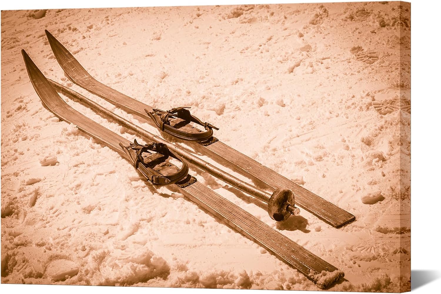 Muzenso Canvas Prints Vintage Ski Wall Art 16x24 Inch Rustic Winter Sports Canvas Painting Old Wooden Skis in Snow Sepia Tone Artwork for Living Room Bedroom Cabin Lodge Ski Resort Decor
