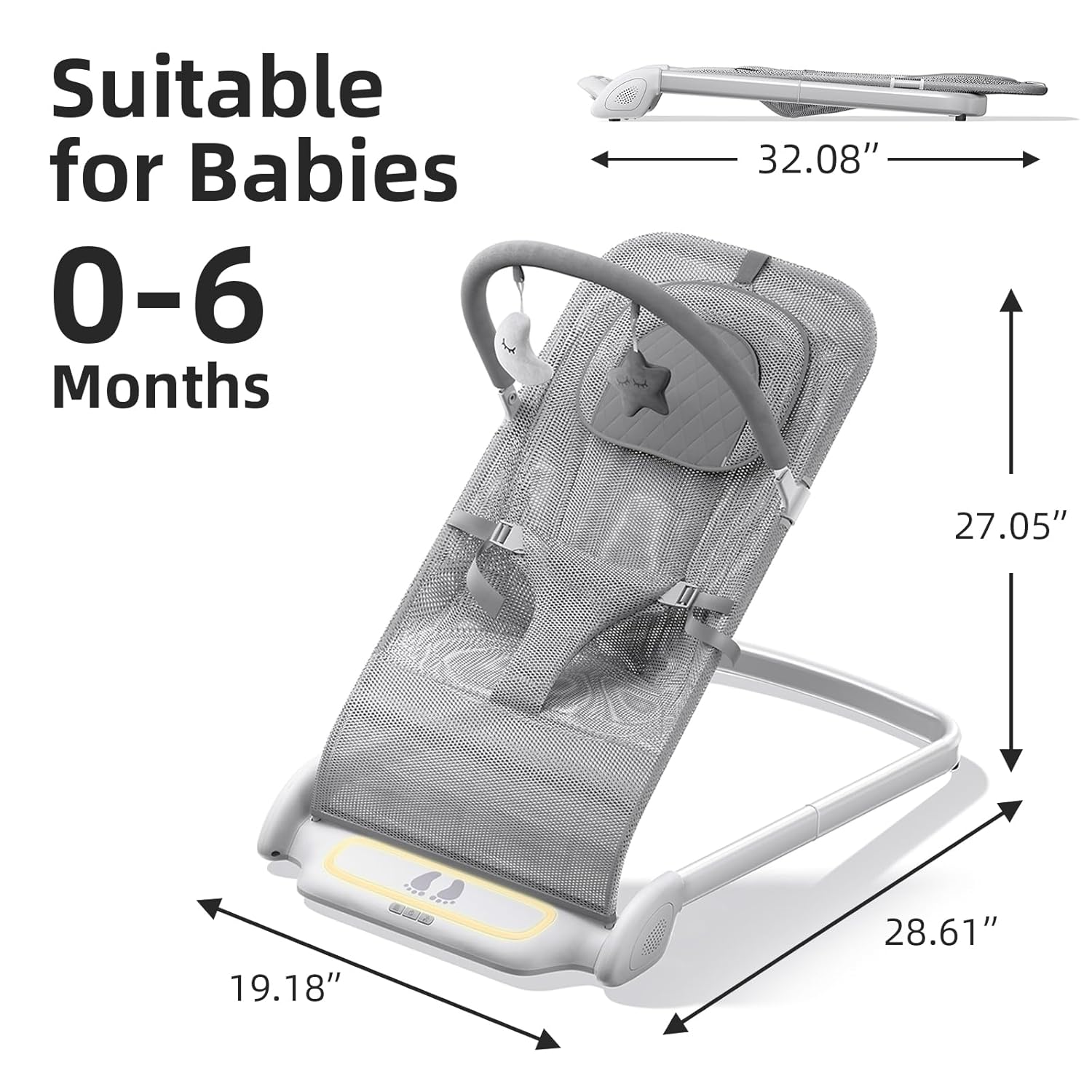 Derson Baby Bouncer, Portable Baby Bouncer Seat for Babies 0-6 Months, Infant Bouncer Chair Newborn with 8 Soothing Music, Foldable, Natural Vibrations (Gray)