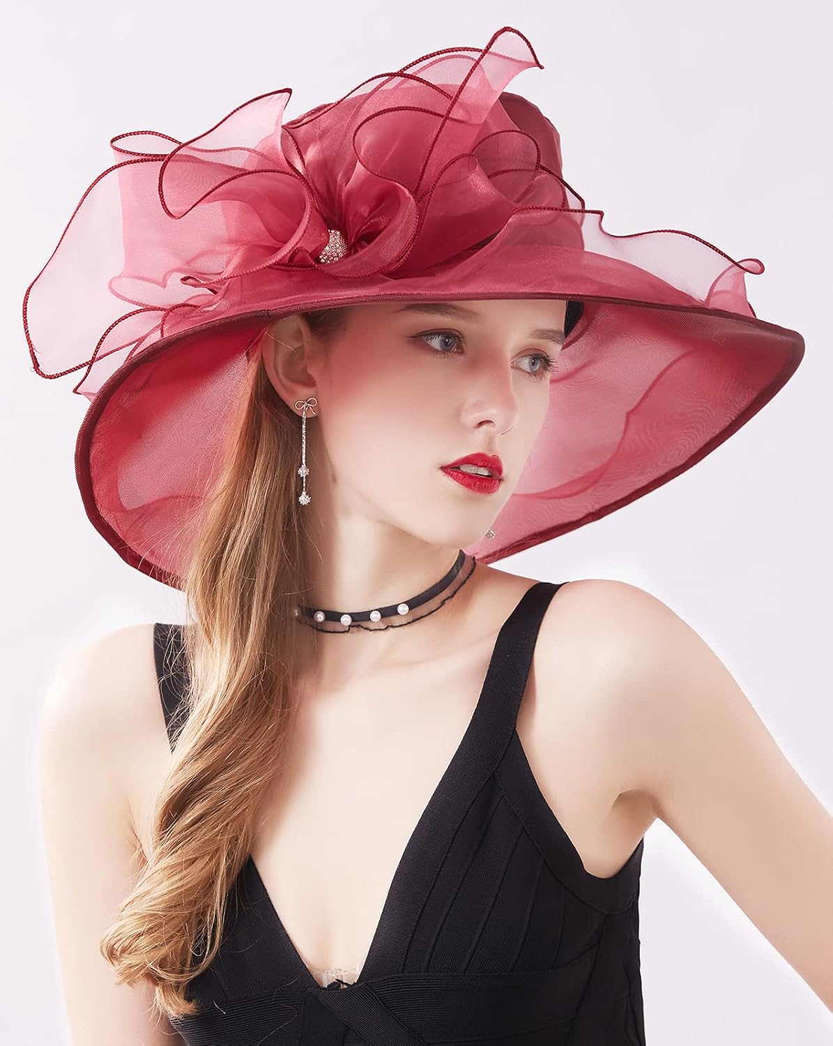 Women Derby Fascinator Hat Organza Church Wedding Hats Wide Brim Cocktail Tea Party Hat