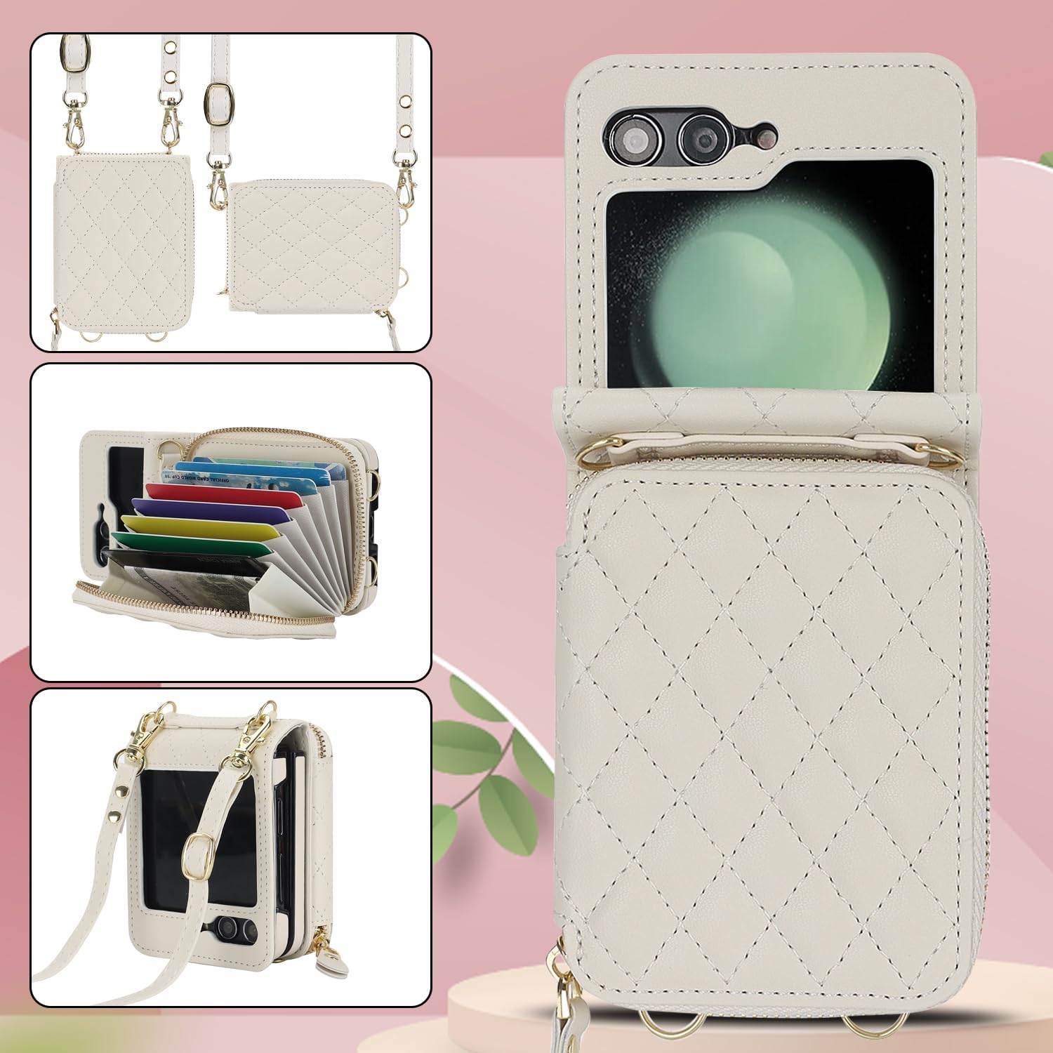 for Samsung Galaxy Z Flip 5 Zipper Wallet Case with Accordion Card Holder, 8 Card Slots Large Capacity and Anti-Theft Security.(White)